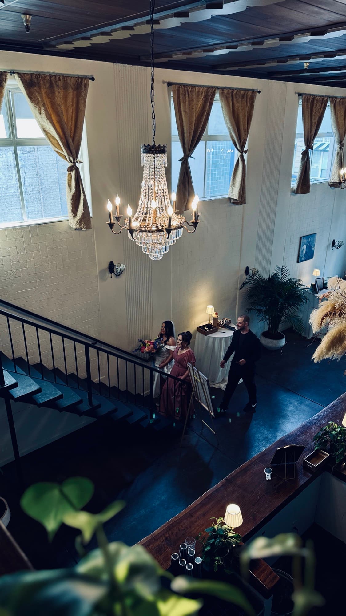 Looking down on the staircase inside Chariot Gathering House.
